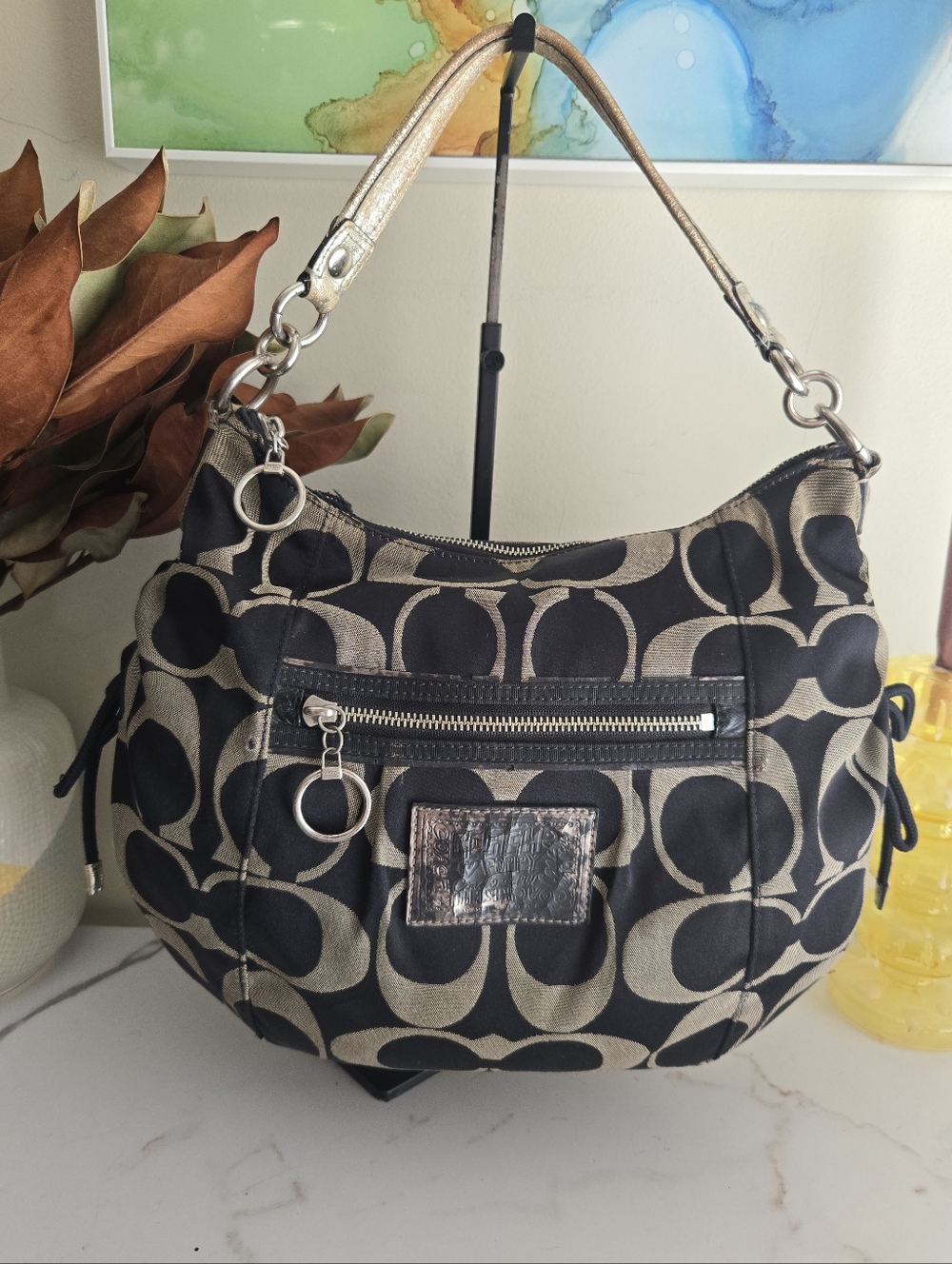 GUC Coach Poppy Signature Canvas Hobo Shoulder Bag in Black and Gold